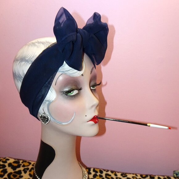 Vintage Dark Navy Blue Sheer Nylon Neck Scarf pinup retro rockabilly head wrap - Picture 11 of 15